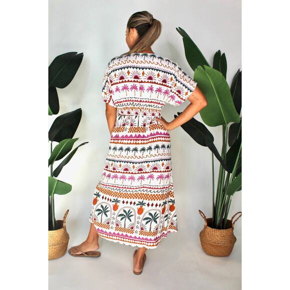 NWT MinkPink Eyona Midi Dress Small Colorful Palm Print Tropical Vacation Resort - Picture 2 of 8